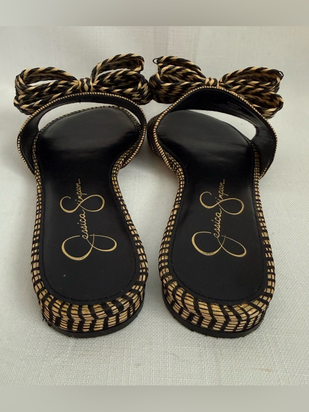 Jessica Simpson 7.5 Slides Avrena Black Beige Woven Bow Slide Flat Sandal Womens - Picture 7 of 7